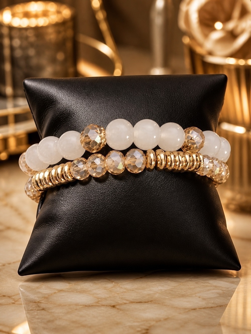 Gold White Beaded Stretch Bracelet Set Women Fashion Jewelry